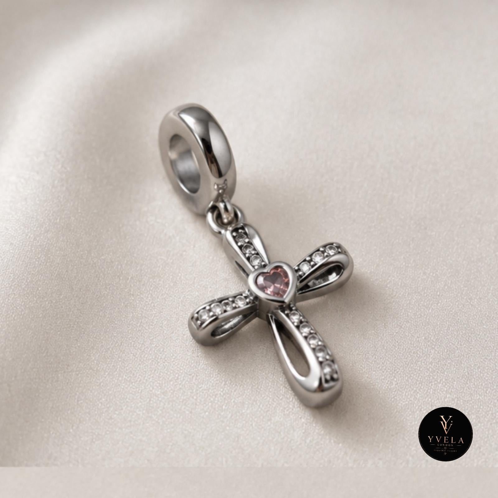 Silver Cross Charm with Pink Heart ✨